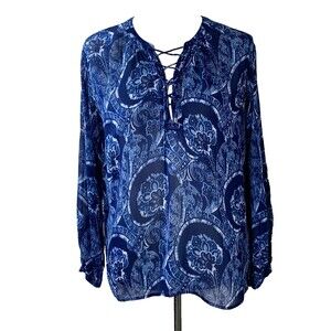 POLO Ralph Lauren Lace Up Peasant Top Womens M Blue Paisley Semi-Sheer Beachy